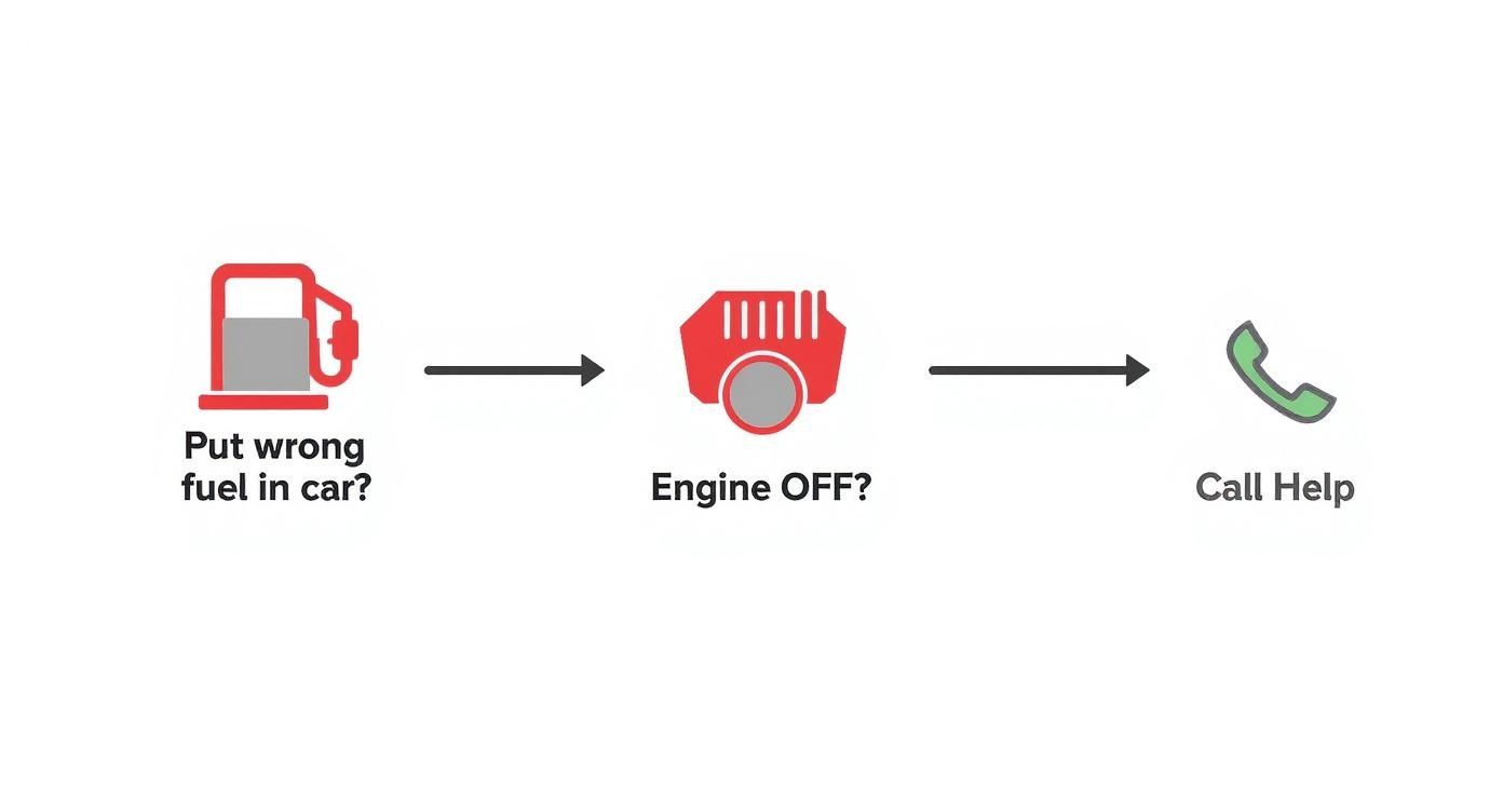 Flowchart showing steps after putting wrong fuel in car: turn off engine and call for help