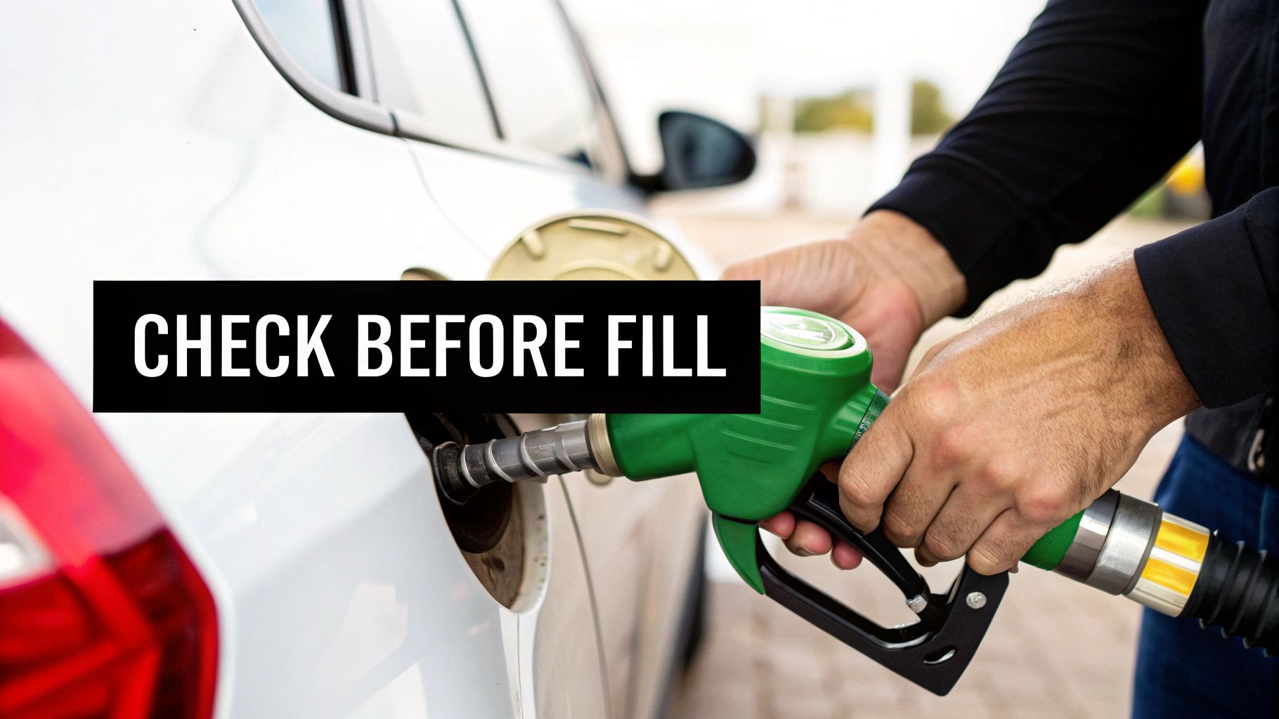 Hands inserting a green fuel nozzle into a white car's gas tank with a 'CHECK BEFORE FILL' message.