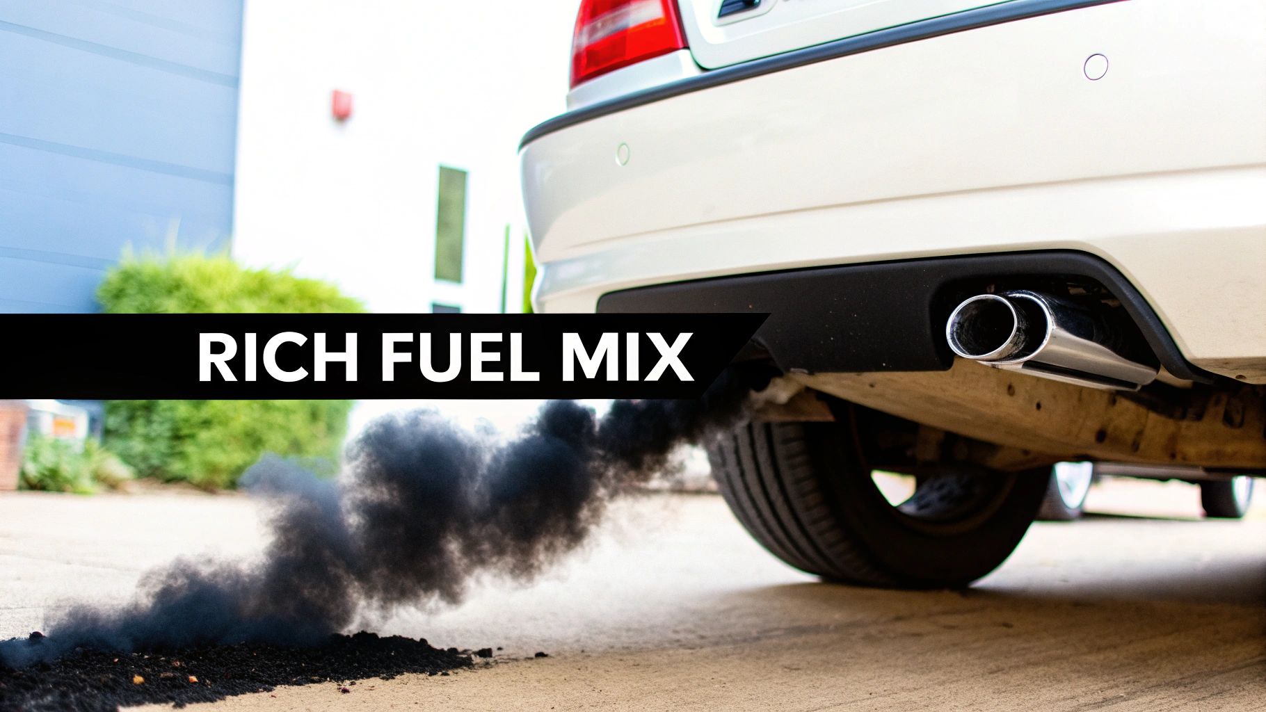 A white car&#39;s dual exhaust pipes emitting dense black smoke, indicating a rich fuel mix.