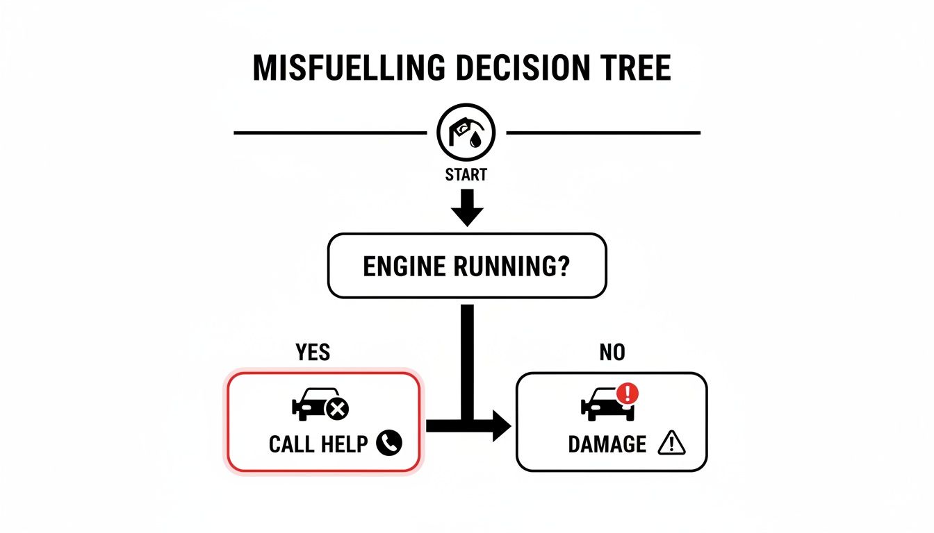 A misfuelling decision tree flowchart showing steps to take if you put the wrong fuel in your car.