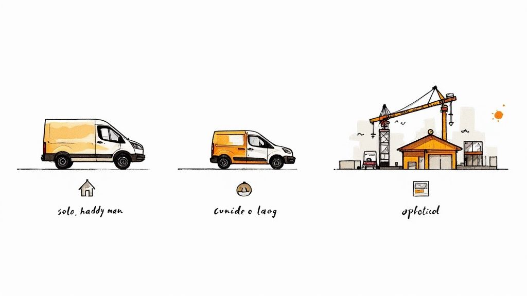 Three business growth stages illustration showing solo handyman van, owner operator truck, and construction company