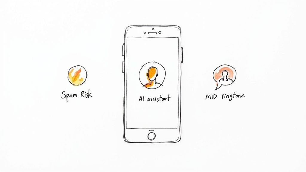 A hand-drawn sketch showing a smartphone with an AI assistant icon, flanked by 'Spam Risk' and 'MID ringtone' icons.