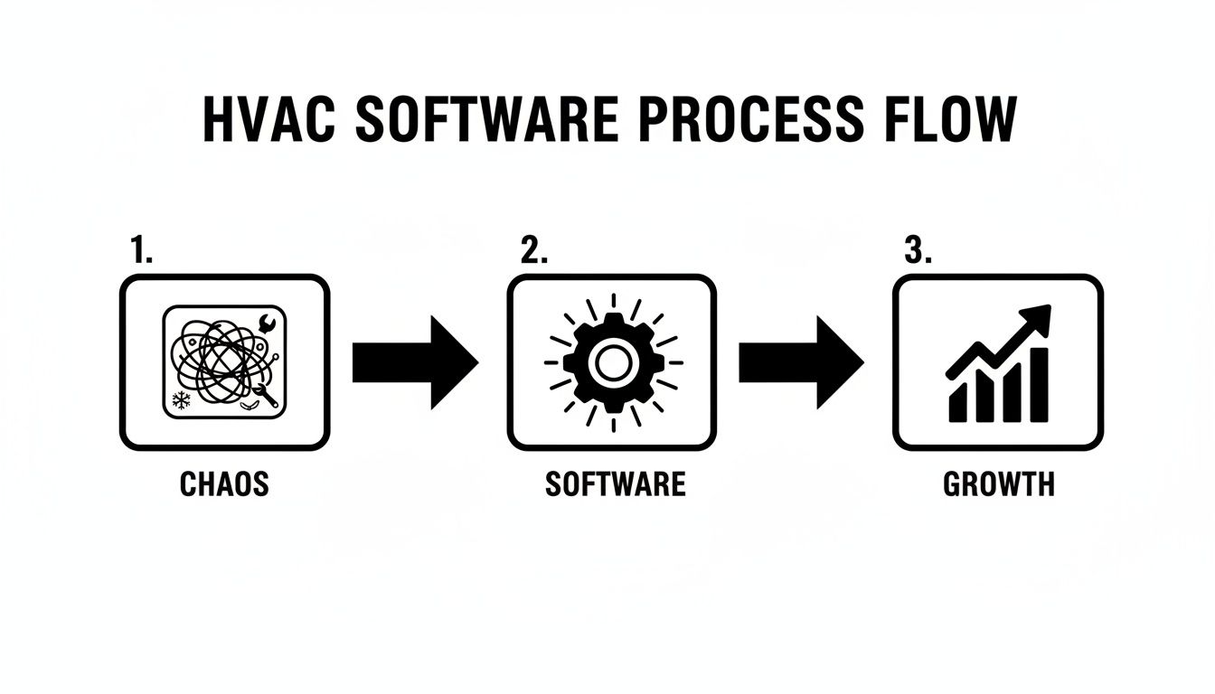 HVAC software process flow showing a transition from chaotic operations to organized software, leading to business growth.
