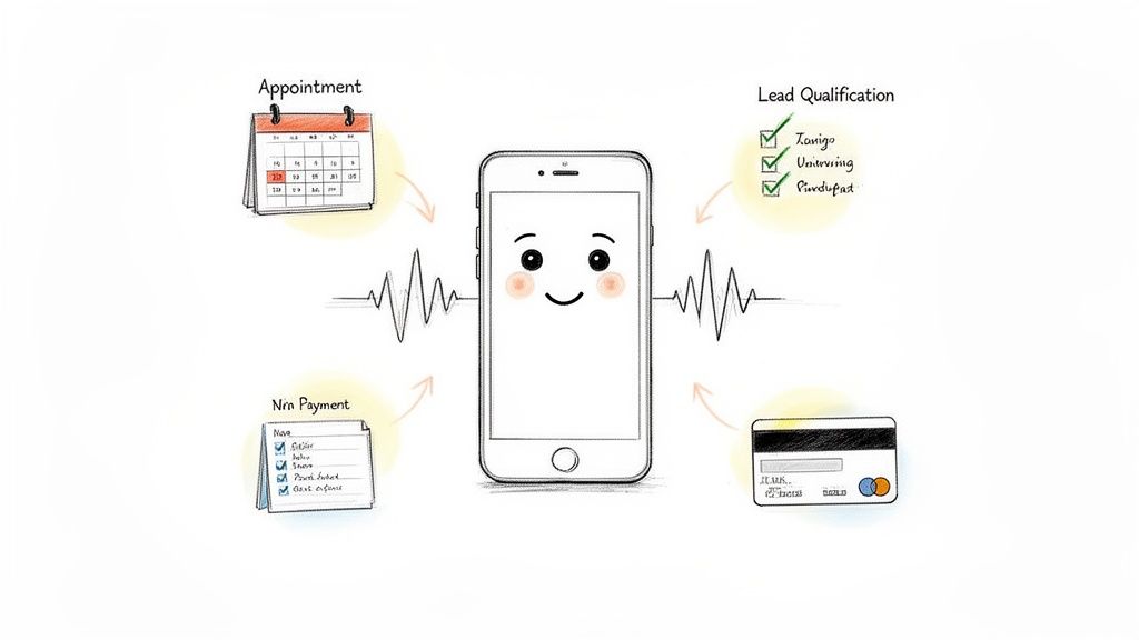 A smiling smartphone cartoon managing business tasks: appointments, lead qualification, and payments.