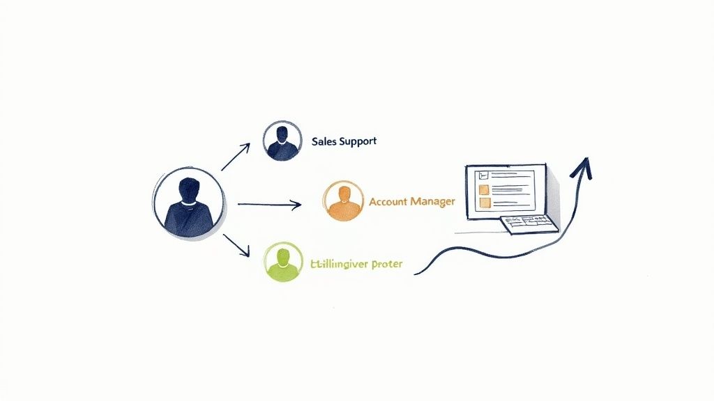 Diagram showing a central user connecting to Sales Support, Account Manager, and Ttillinger Proter, leading to a laptop and growth arrow.