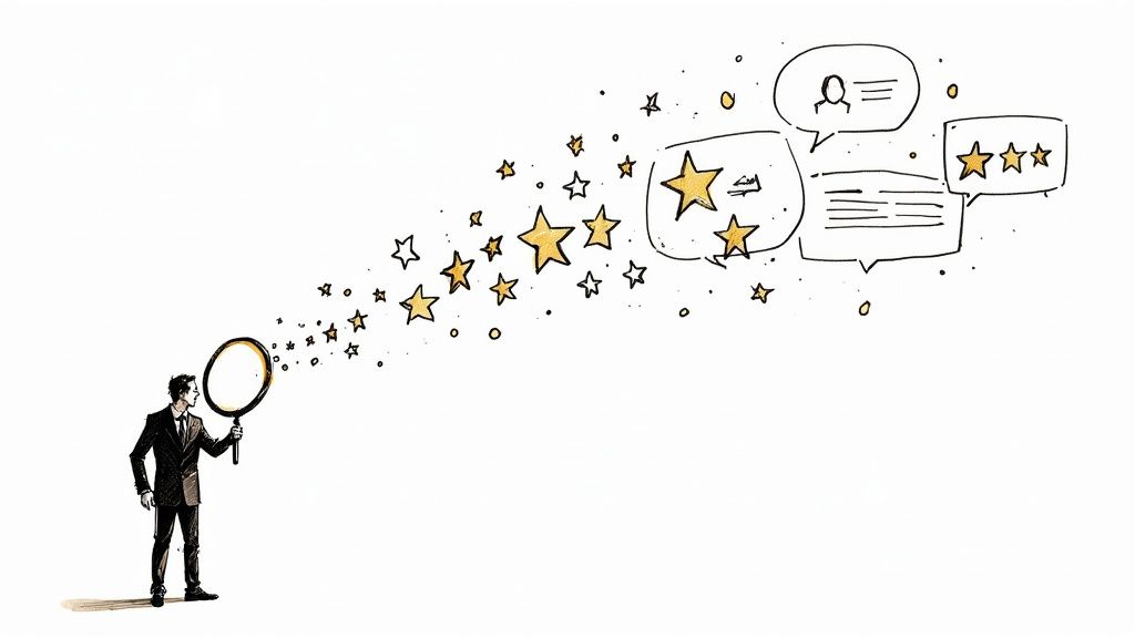 Man uses magnifying glass to analyze customer reviews, ratings, and feedback bubbles.