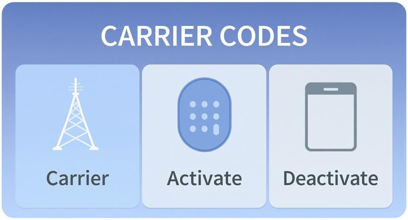 Infographic summarizing carrier codes for activating and deactivating call forwarding.