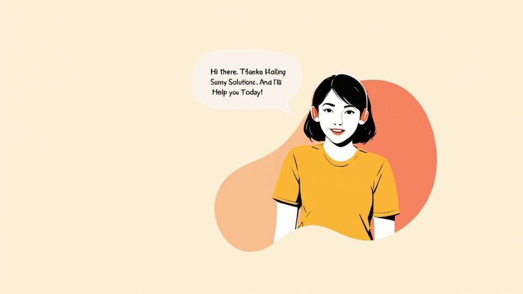 A person smiling warmly while talking on the phone in a modern office setting, representing a friendly and approachable customer service interaction.