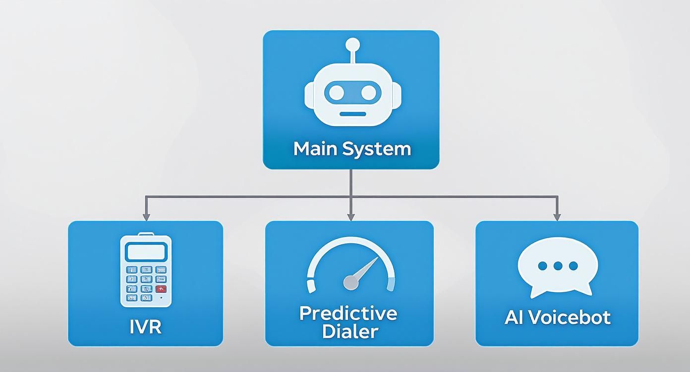 Automated calling system diagram showing main system connected to IVR, predictive dialer, and AI voicebot components