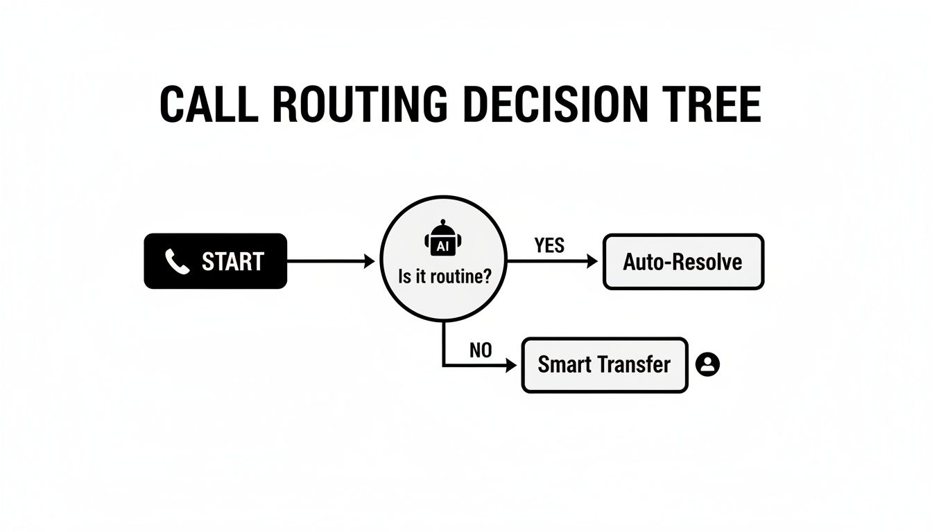 A call routing decision tree flowchart using AI to auto-resolve routine calls or smart transfer others.