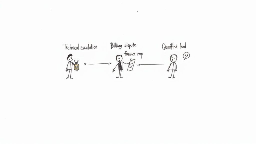 Hand-drawn illustration of a finance representative connecting technical escalations and qualified leads.
