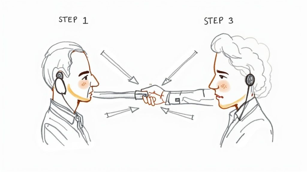 A business owner on a tablet, collaborating with a remote call handling agent on a screen, planning the setup process.