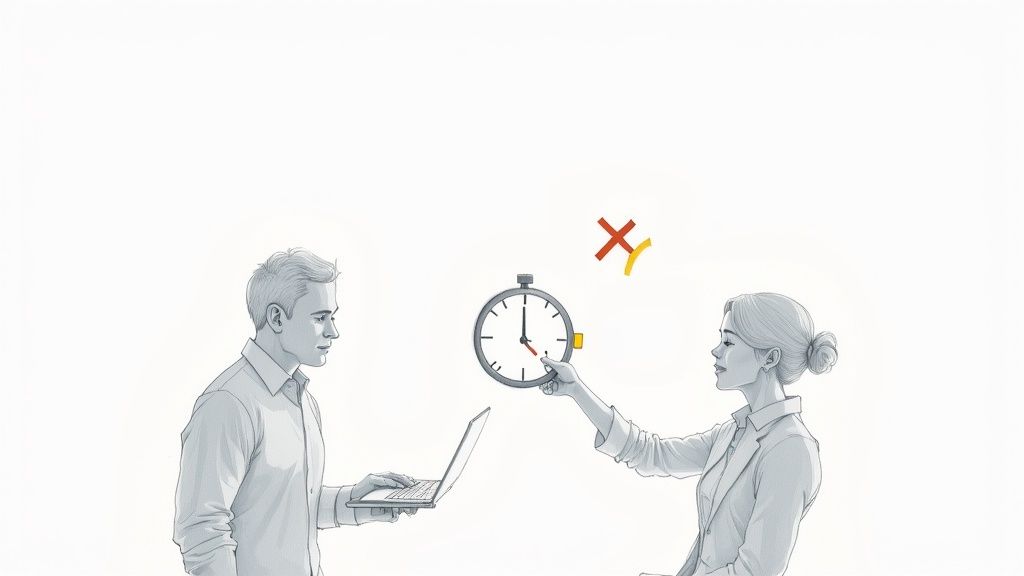 A small business owner smiling and looking relaxed while working on a laptop, knowing their calls are handled.