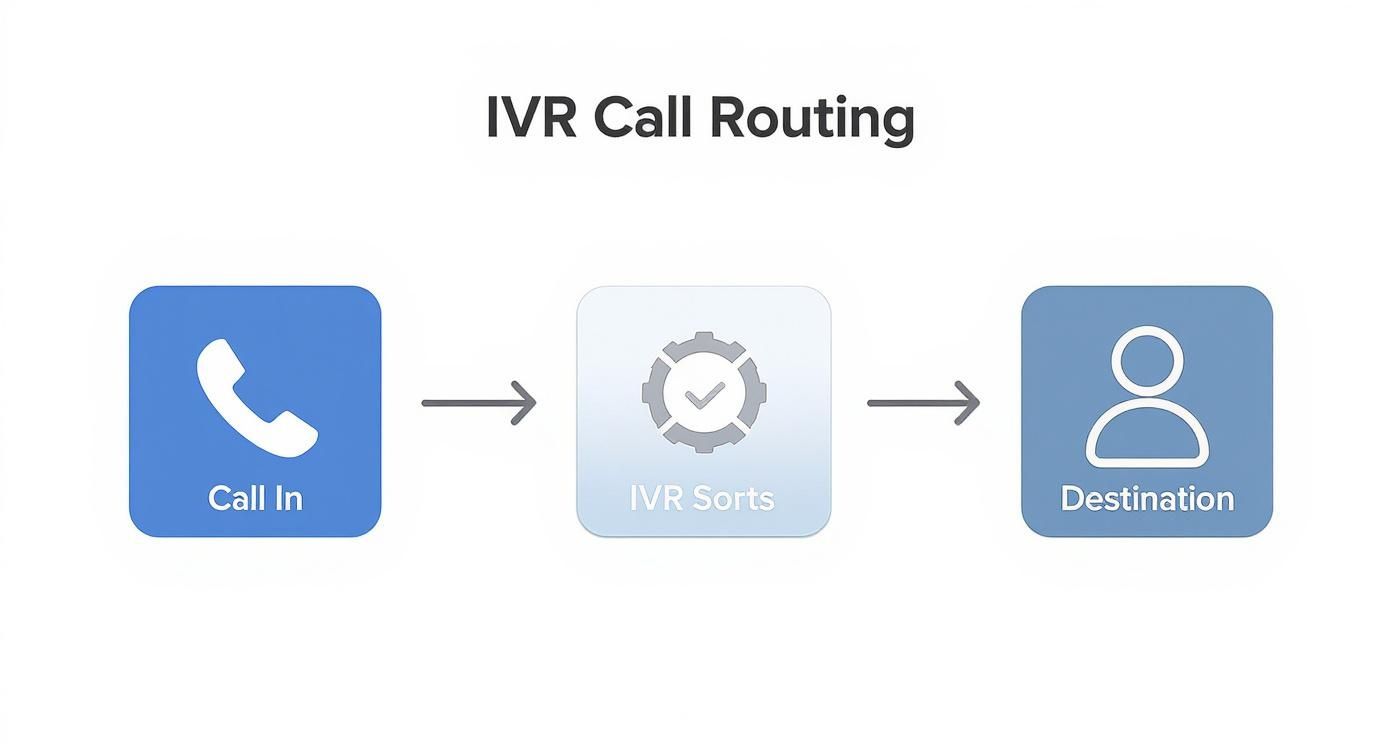 IVR call routing system diagram showing call flow from incoming call through automated sorting to final destination