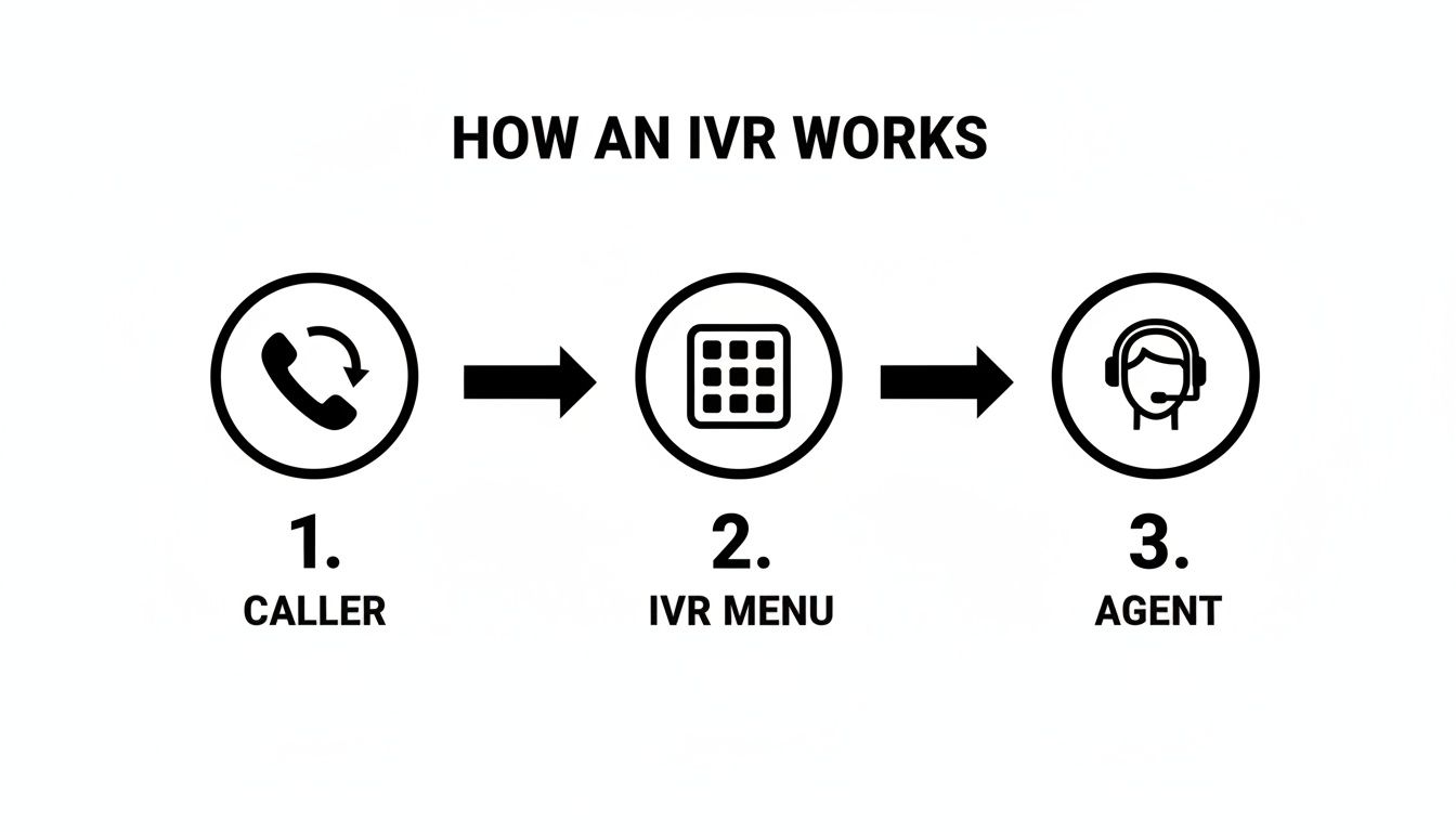 Flowchart illustrating how an IVR system works, from caller to IVR menu to agent.