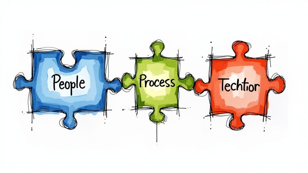 A team collaborating around a table, representing a strategic meeting about service delivery.