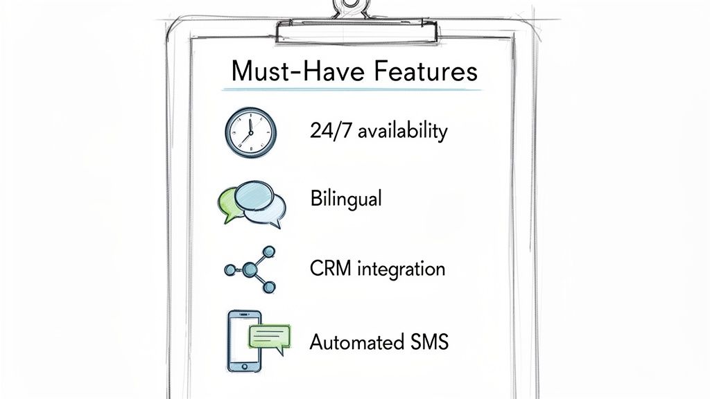 Clipboard listing must-have features for a service: 24/7 availability, bilingual, CRM integration, and automated SMS.