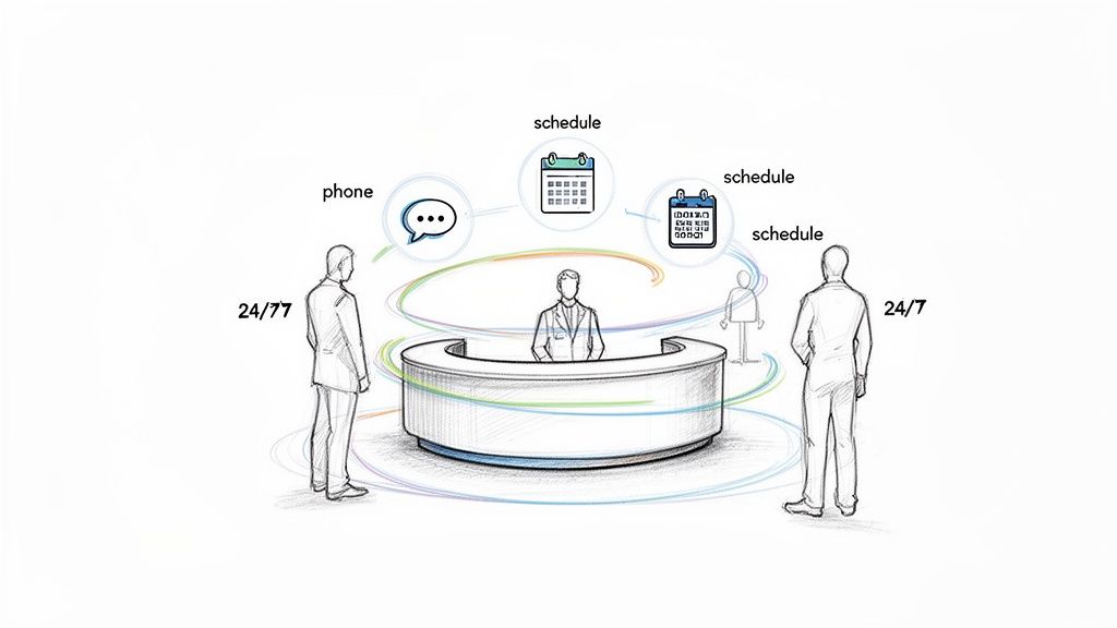 A sketch of a reception desk with a person, surrounded by clients, phone, and scheduling icons, indicating 24/7 service.