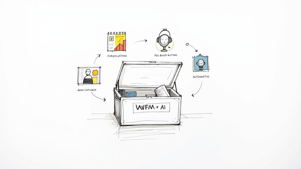Diagram showing WFM + AI box at center, connected to forecasting, skill-based routing, automation, and agent customer.
