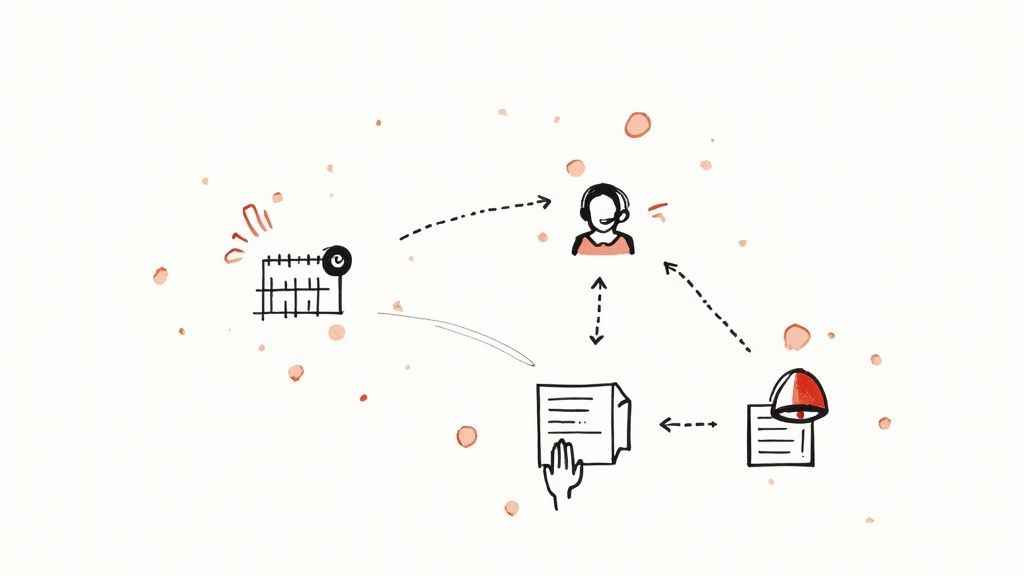 A smiling professional woman with a headset, representing a law firm phone answering service agent, working on her computer.