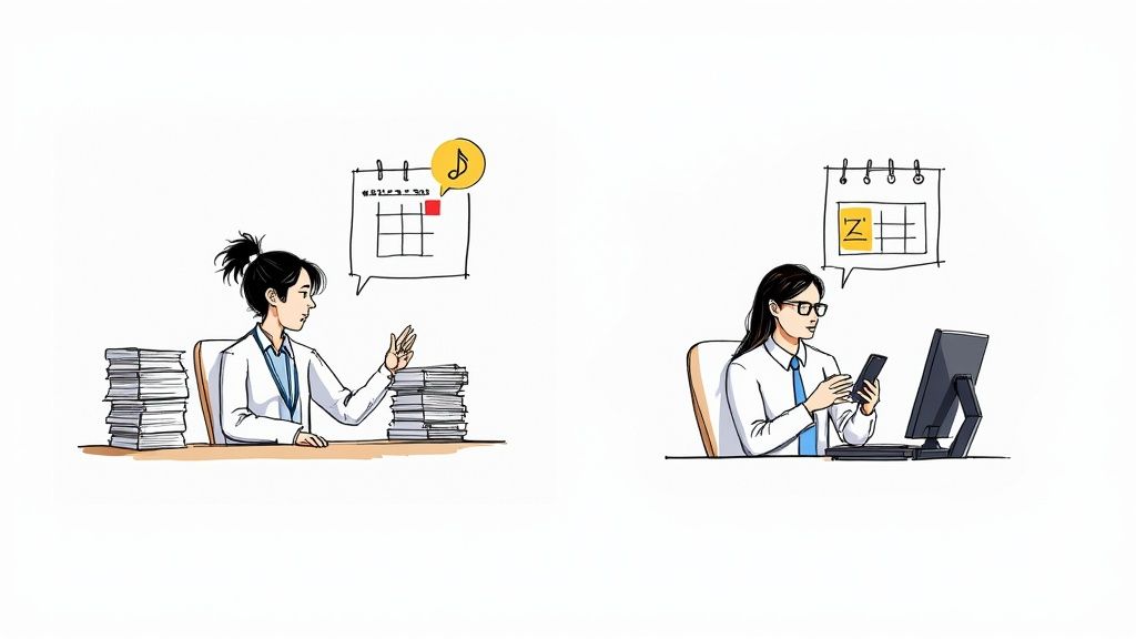 A modern medical clinic's front desk area, calm and organized with a patient checking in on a tablet.