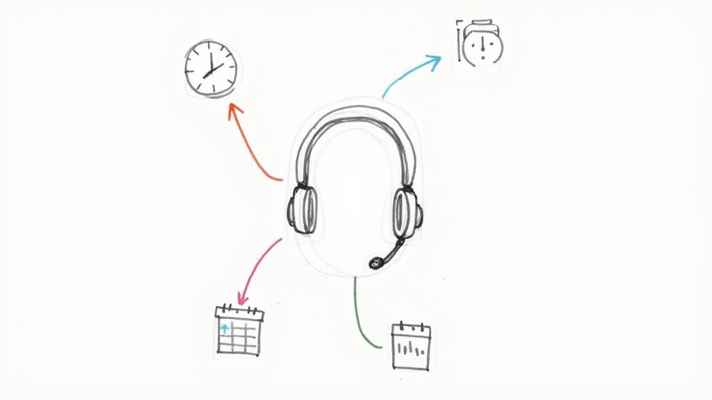 Headset with microphone connected to clock, stopwatch, calendar and analytics icons illustration