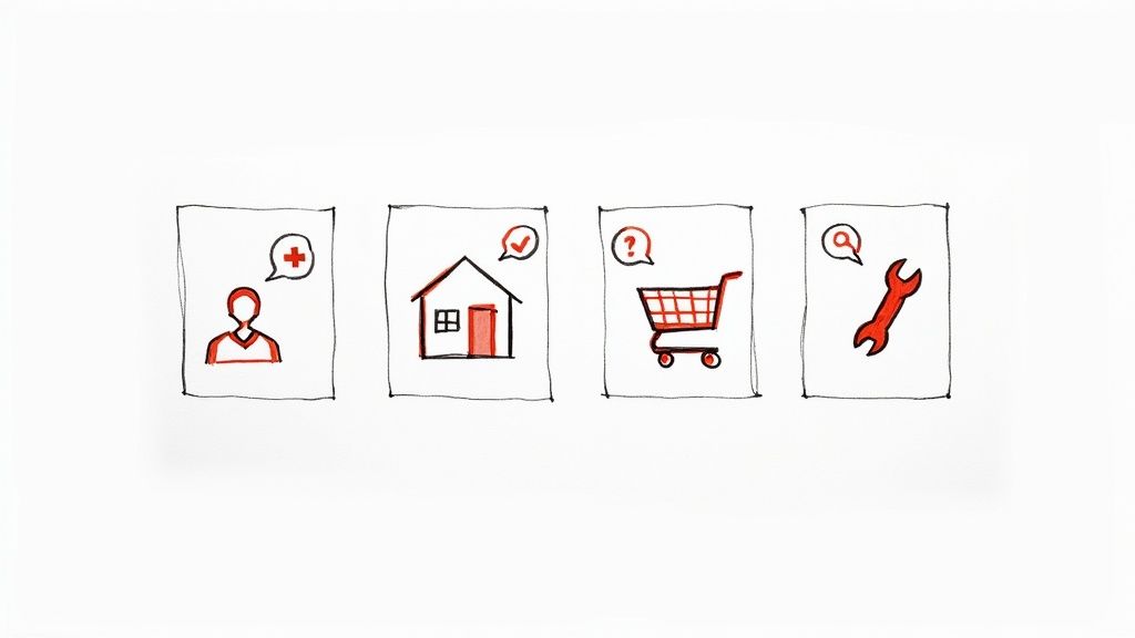 A collage of different professional environments like a medical clinic, real estate office, and a plumber's van, all showing a unified AI call interface.