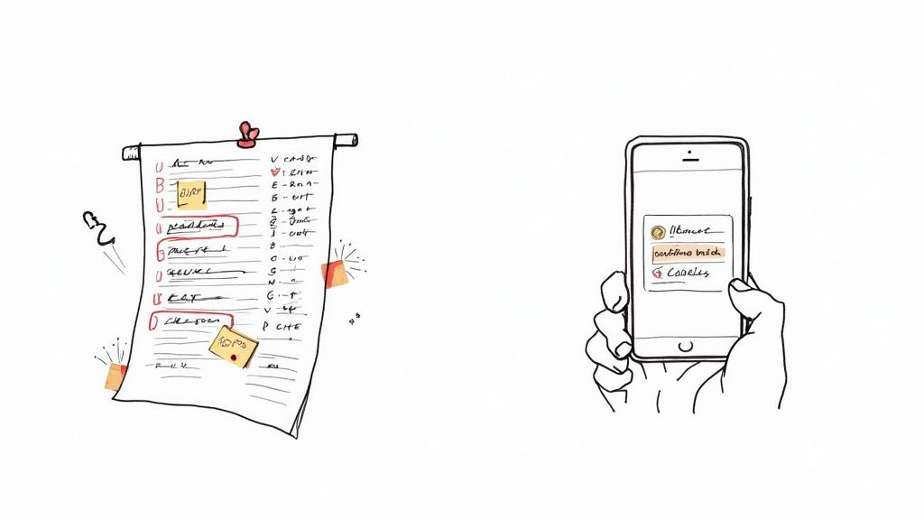 A sketch showing a handwritten to-do list on paper next to a hand holding a smartphone displaying a digital reminder list.