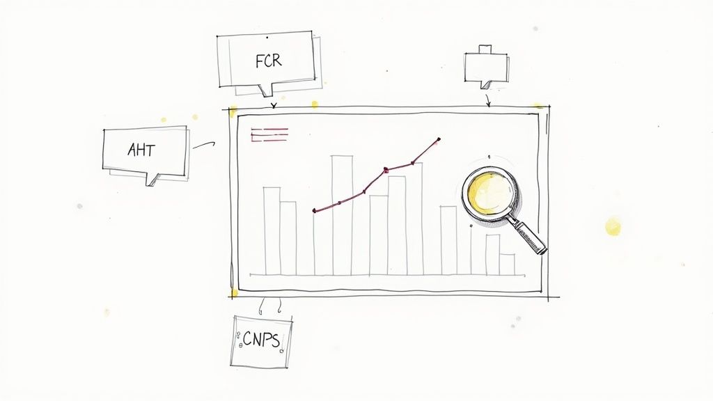 Hand-drawn illustration of call center metrics: AHT, FCR, CNPS, analyzed on a graph.