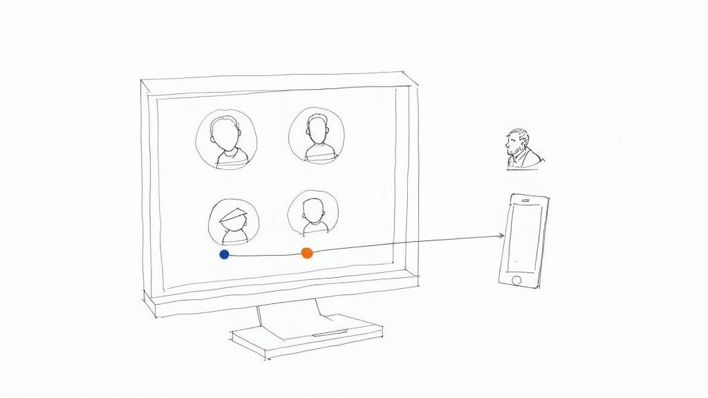 Sketch of a computer monitor displaying user icons with a connection to a smartphone.