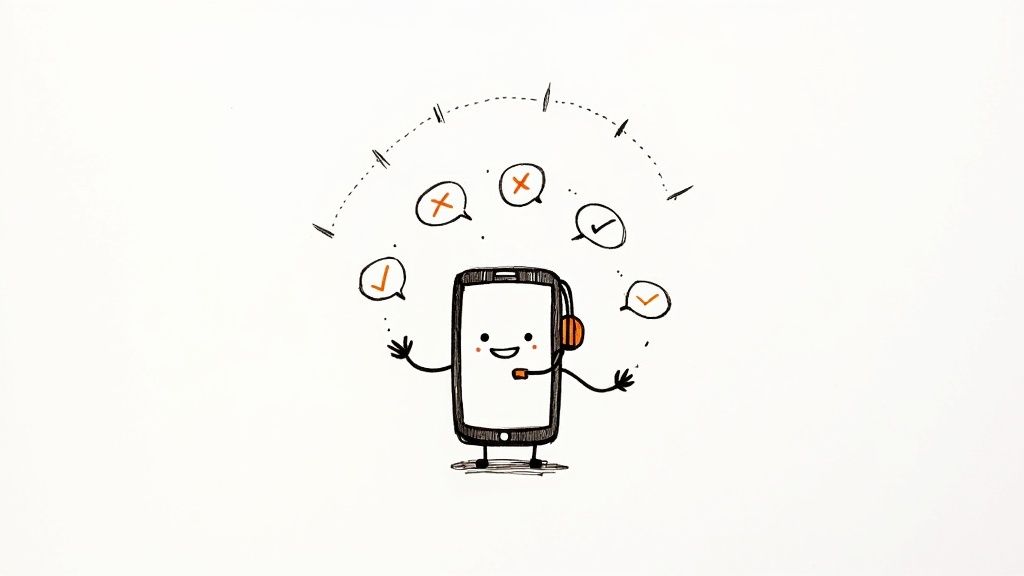 A professional woman in an office setting, smiling as she looks at her computer, representing the efficiency of an auto answering service.