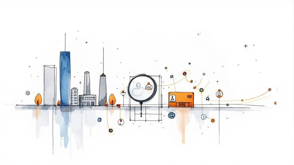 AI-powered hotel front desk with a futuristic interface showing guest data.