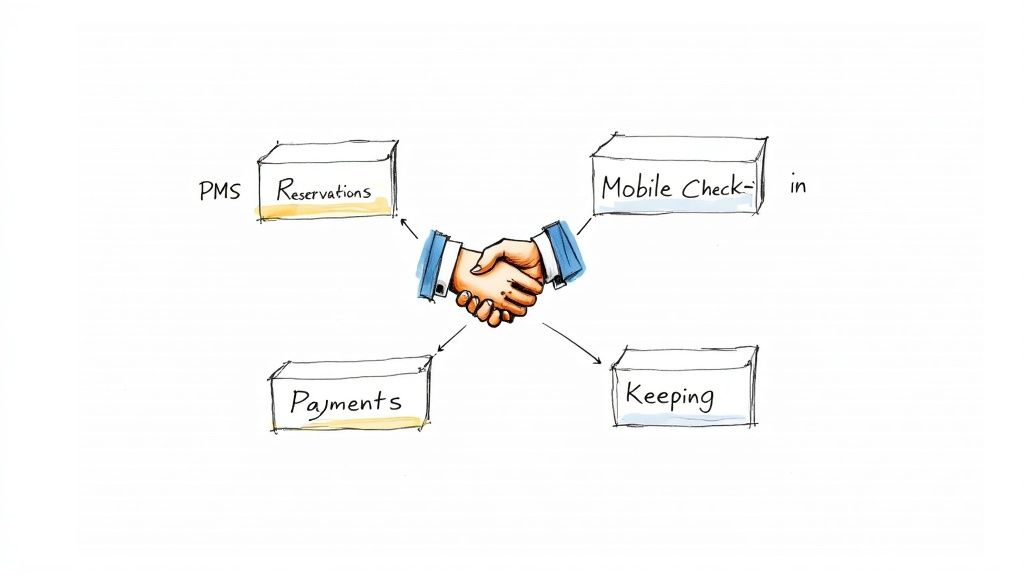 Illustration of two hands shaking, connecting a hotel PMS with reservations, mobile check-in, payments, and keeping functions.