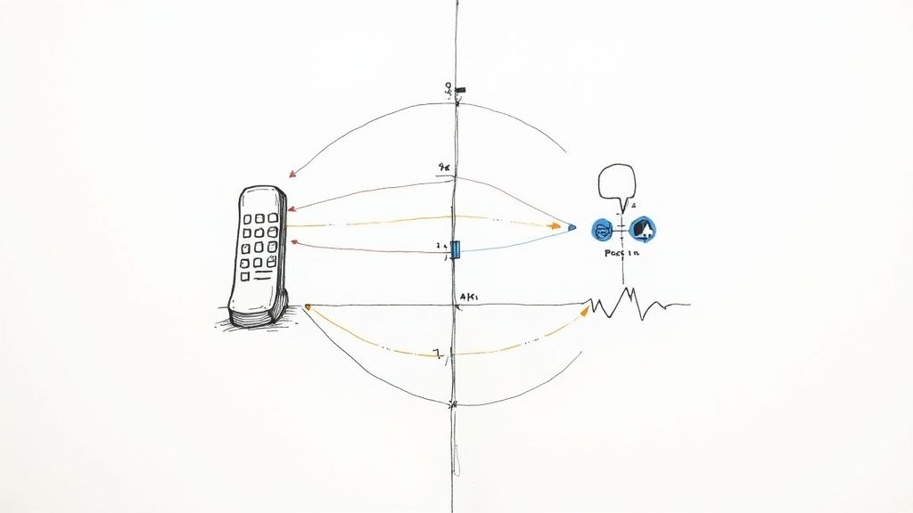 Hand-drawn diagram of an automated call system showing a phone interacting with processes and sound waves.