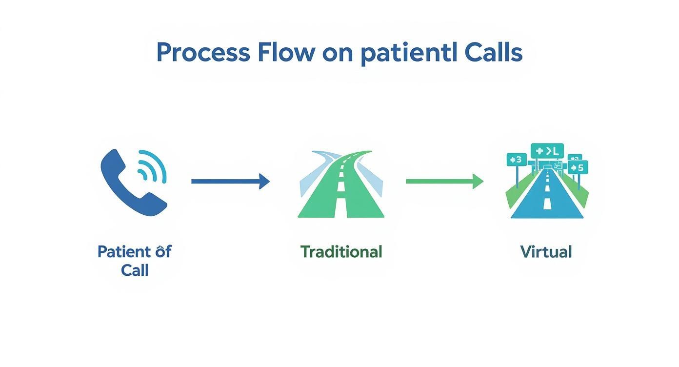 Process flow diagram showing patient calls transitioning from a traditional model to a virtual one.