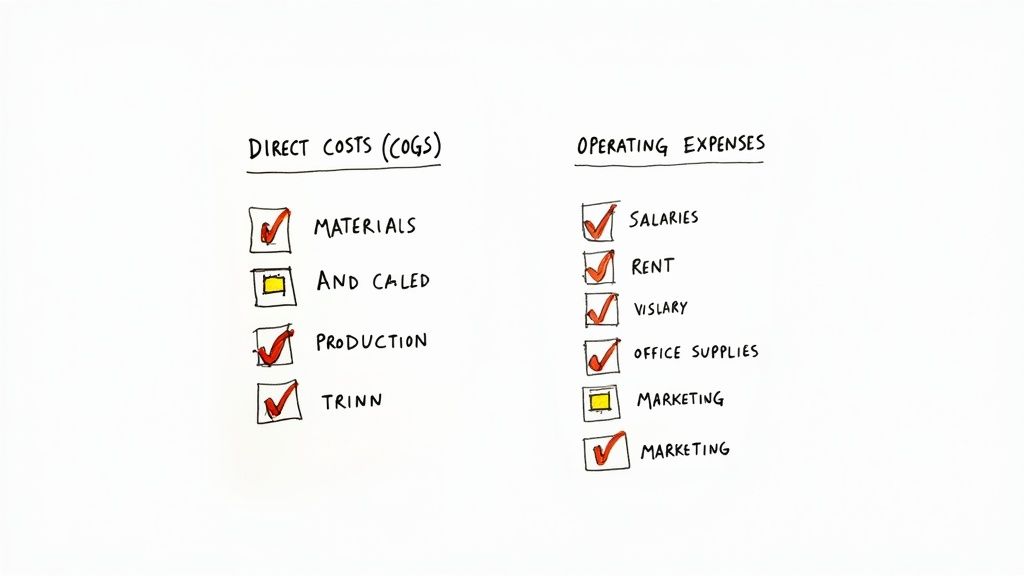 A person carefully reviewing financial documents to categorize operating costs.