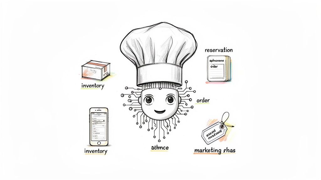 AI chef robot managing various restaurant operations: inventory, reservations, orders, and marketing.