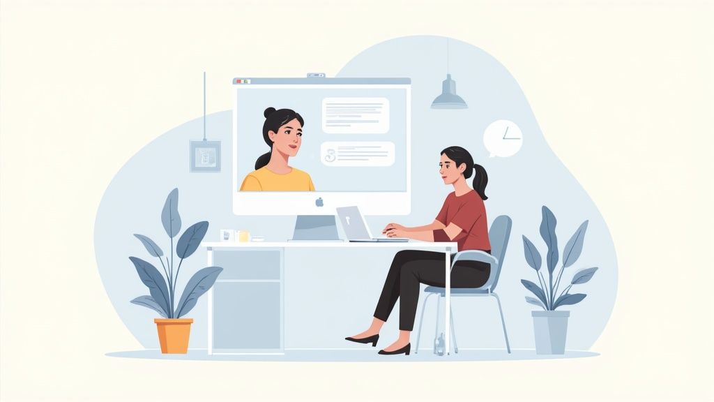 Image of a woman smiling while talking on a headset in front of her laptop