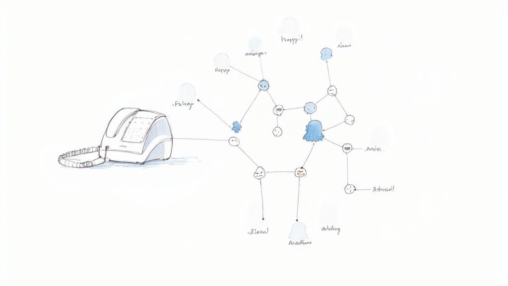 An abstract image showing AI neural networks and data streams, representing intelligent call routing.