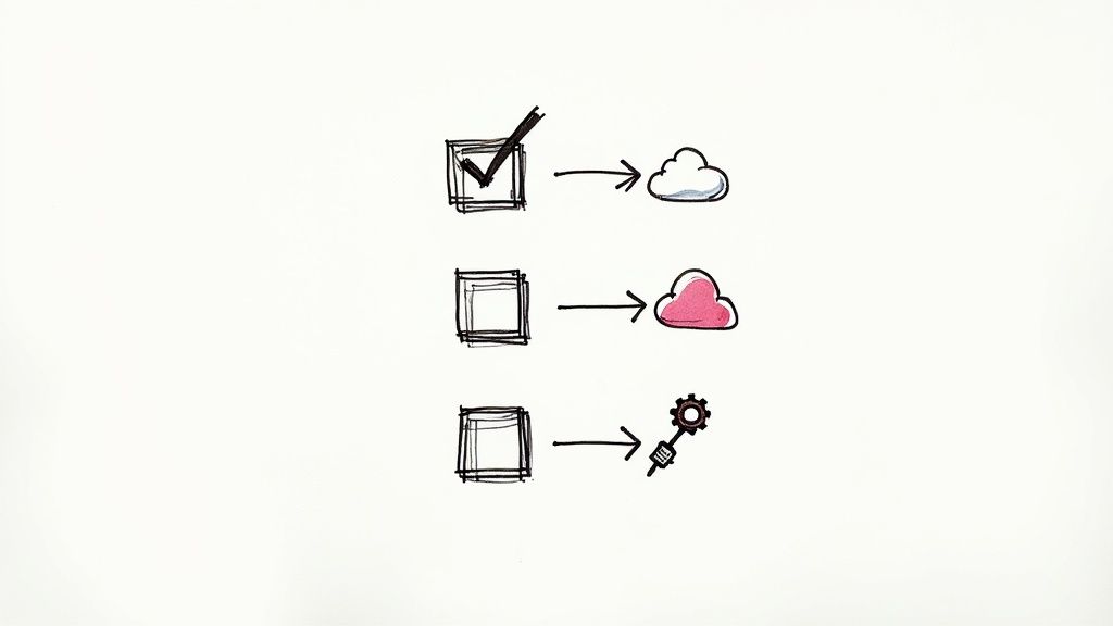 Hand-drawn checklist diagram with choices: completed to white cloud, pending to pink cloud or a gear system.