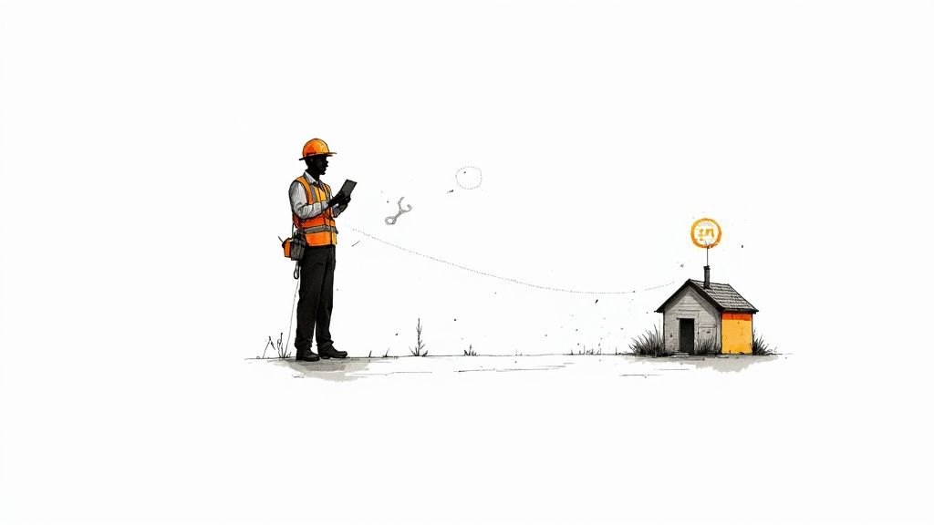Construction worker with tablet remotely monitoring small house with digital connectivity icon