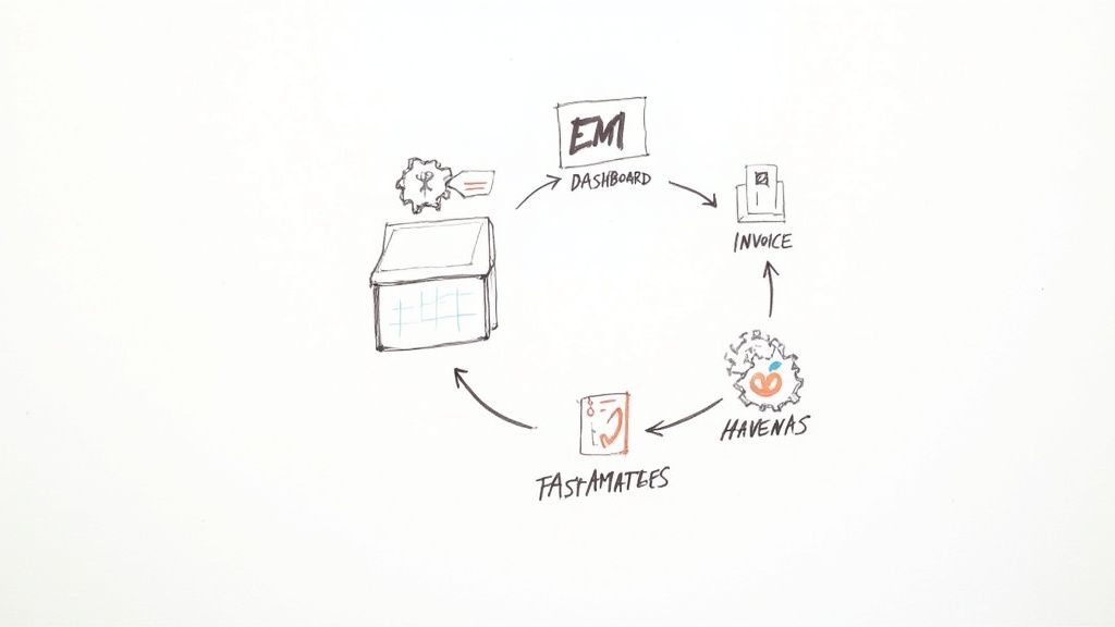 A hand-drawn diagram illustrating a circular business workflow connecting various steps and departments.