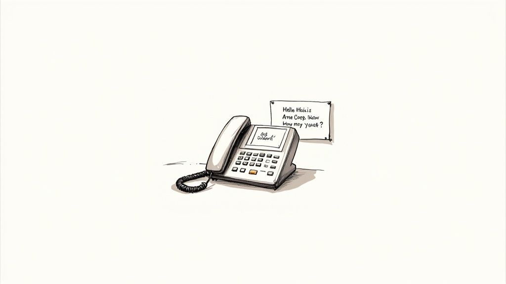A hand-drawn office phone illustration with a corporate greeting note and 'sos Gilbert' on the screen.