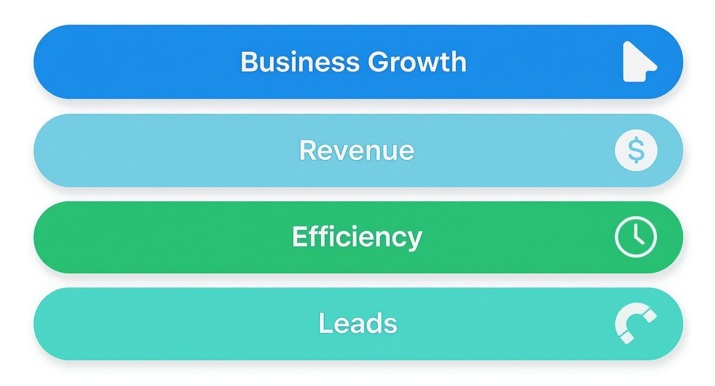 Four colored buttons listing business objectives: Business Growth, Revenue, Efficiency, and Leads, each with an icon.