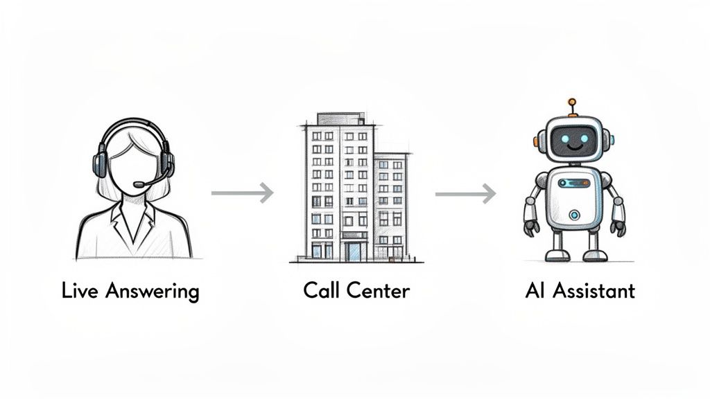 A diagram showing the evolution of customer service from live answering to call centers and AI assistants.