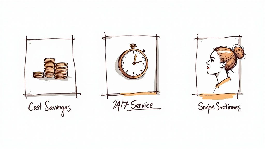 A graphic showing icons for cost savings, 24/7 availability, and customer satisfaction, illustrating the benefits of a virtual front desk.