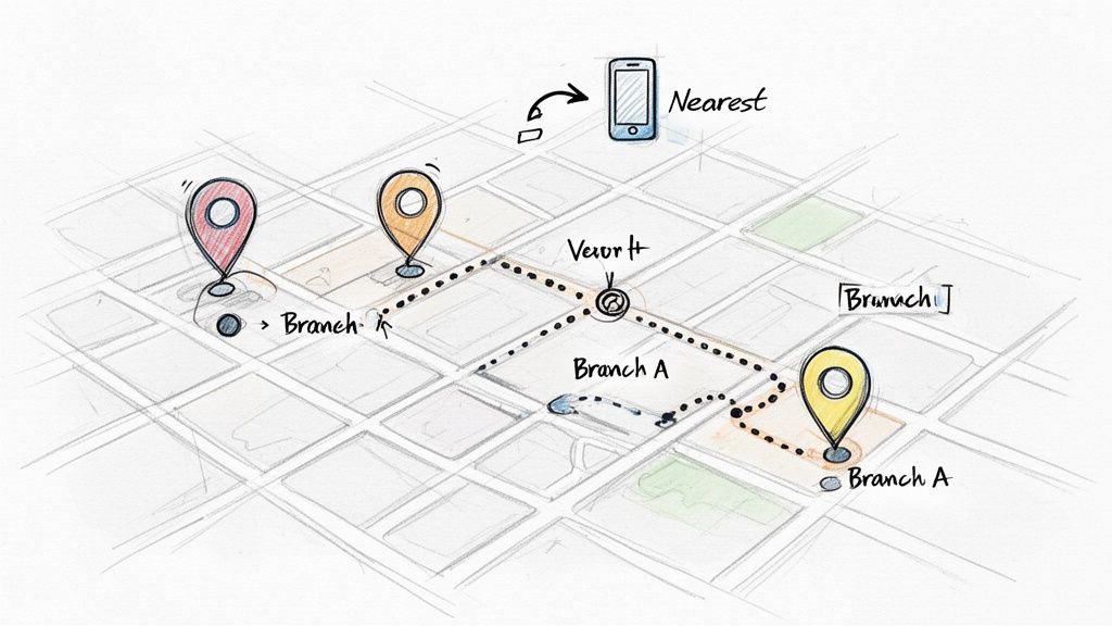 A sketched map showing multiple branch locations, a dotted navigation path, and a phone finding the nearest branch.