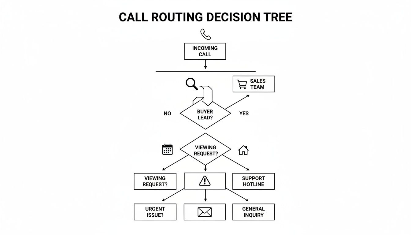 Flowchart showing a call routing decision tree for incoming calls, directing to sales, viewing requests, or support.