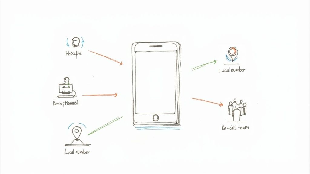 Diagram showing a cell phone forwarding calls to reception, helpdesk, local numbers, and an on-call team.