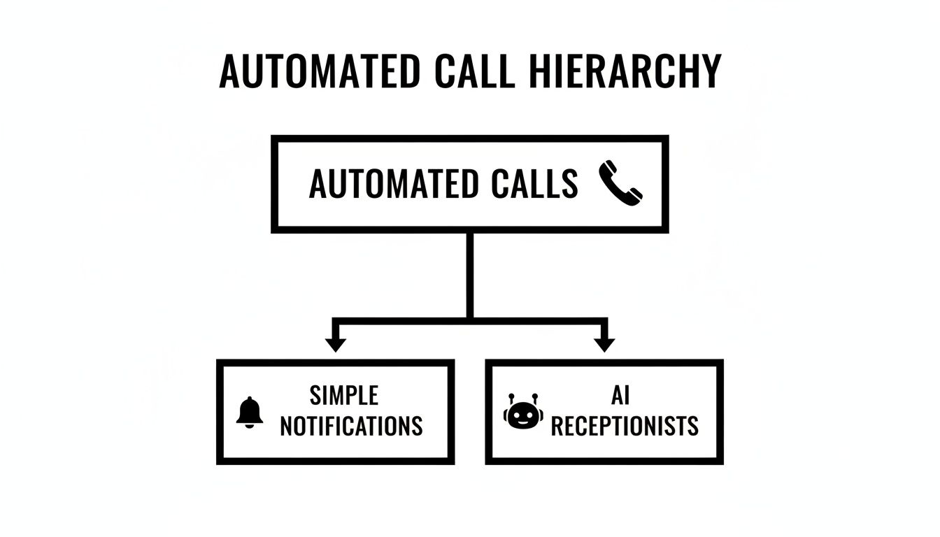A hierarchy diagram showing automated calls branching into simple notifications and AI receptionists.